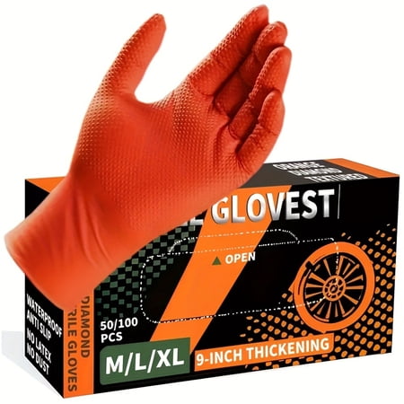 ICERUN Heavy Duty Orange Industrial Nitrile Gloves with Raised Diamond Texture,Latex Free (6mil/8mil)