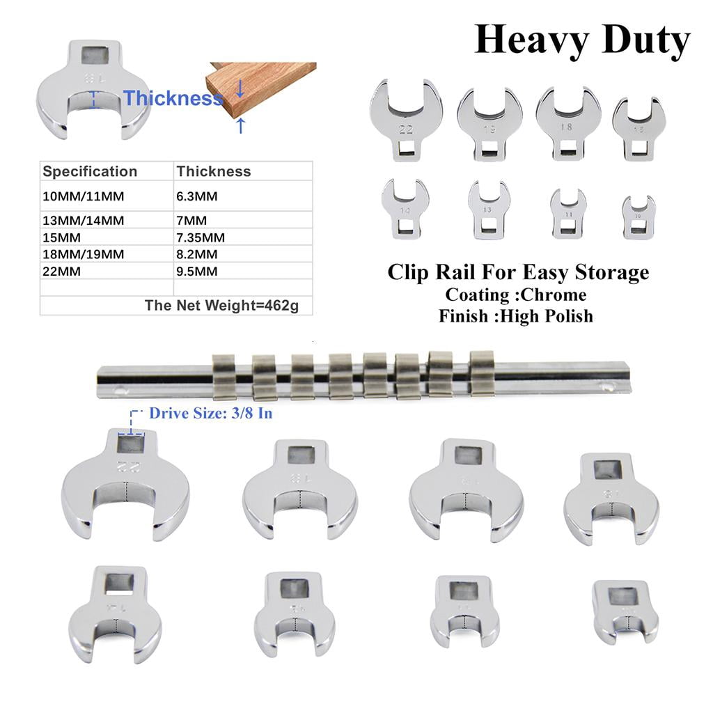 CEORPER 3/8 Inch Drive Crowfoot Wrench Set SAE Size10/11/13/14/15/18/19/22mm 8 Pieces