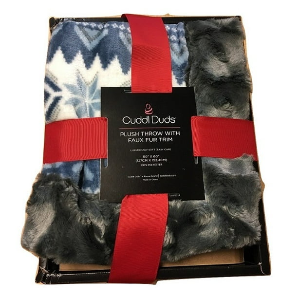 Cuddl Duds Printed Flannel Fleece Throw With Faux Fur Trim BLUE
