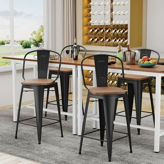 Alunaune 24" Swivel Metal Bar Stools Set of 4 High Back Counter Height Barstools Industrial Dining Bar Chairs with Large Wooden Seat-Matte Black