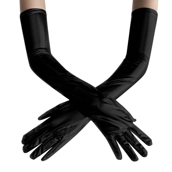 Fgnfyis Womens Long Stretchy Shiny PU Leather Gloves for Women Party Formal Event Evening Accessories Black