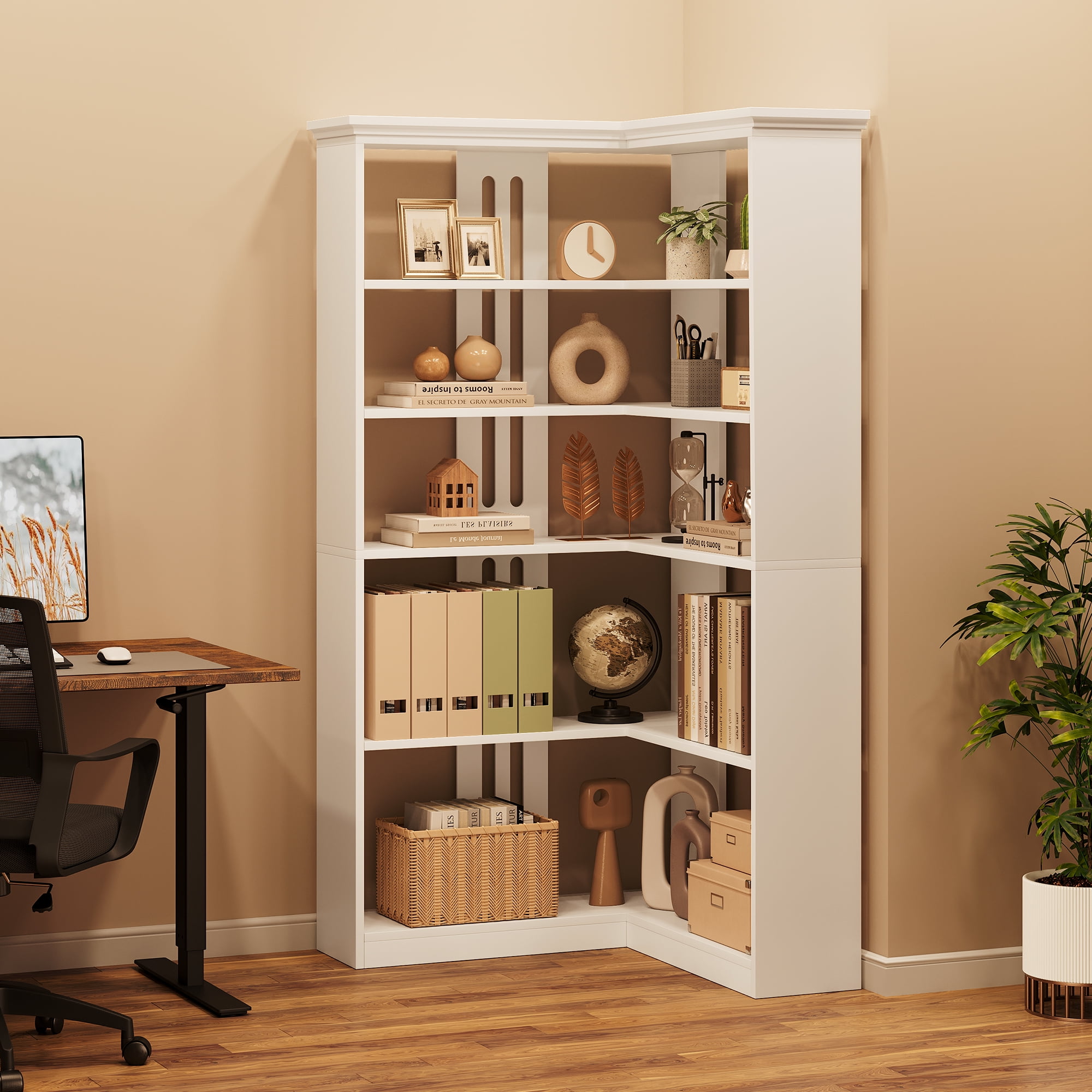 Yiwa 5 Tier L-Shaped Corner Bookshelf, 72.8