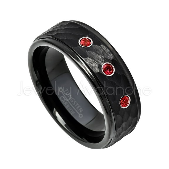 Hammered Black Tungsten Ring - 0.21ctw Garnet 3-stone Band - Personalized Tungsten Wedding Ring - Custom Made January Birthstone Ring TN614BS