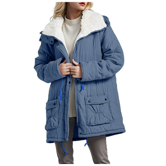 GEWSEY Women Winter Mid Length Thick Warm Jacket Faux Lamb Wool Lined Jacket Coat Winter Jackets For Women Lapel Fleece (Navy, XL)