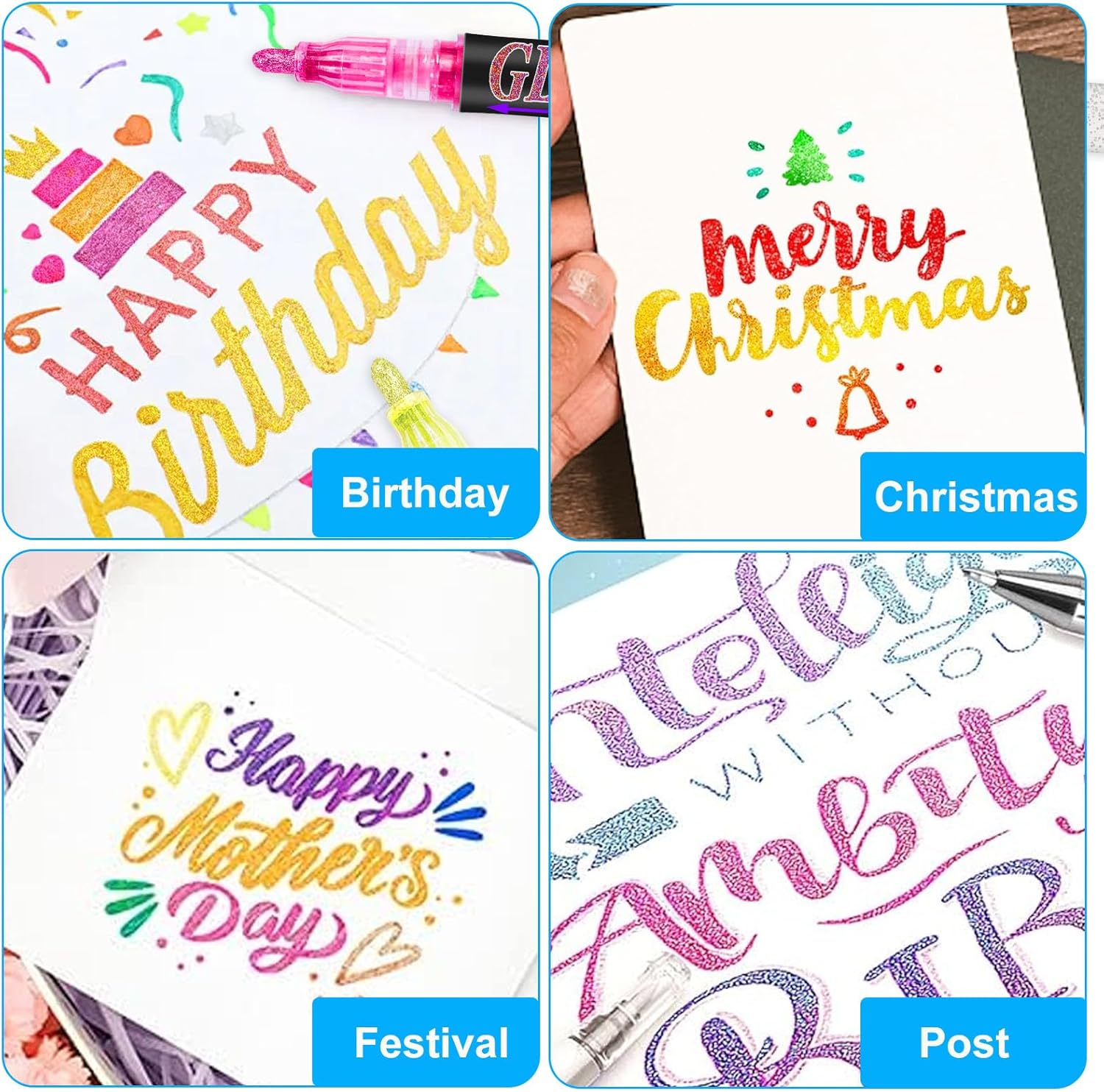 Glitter Marker Pens, 12 Colors Metallic Shimmer Glitter Markers Paint Pens, Glitter Art Marker for Adults DIY Crafts Greeting Birthday Cards Making Poster Album Scrapbooking Wood