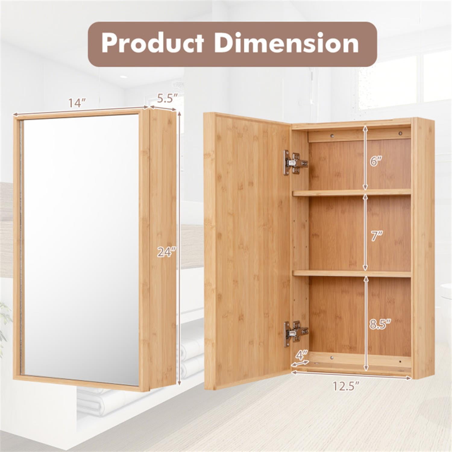 Demi Bonn Bamboo Bathroom Medicine Cabinet with Mirror, Wall Mounted Single Mirror Door Storage Cabinet with 2 Adjustable Shelf for Bathroom Living Room Hallway, Beige