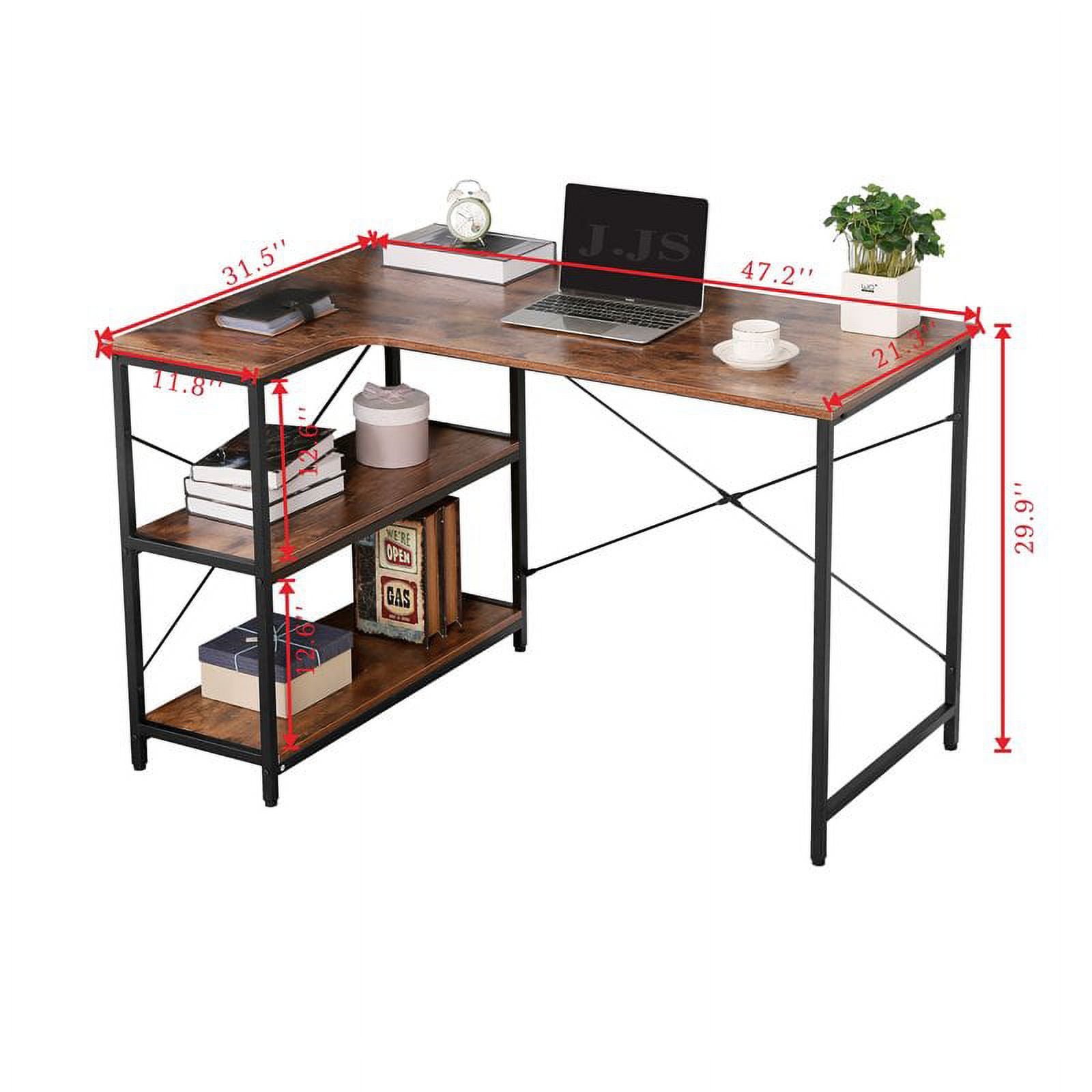 JJS L-Shaped Home Office Corner Writing Computer Desk with Built-in Bookcase, Wood and Metal Modern Study Laptop Table Workstation with Storage Shelves for Small Spaces,Rustic Brown