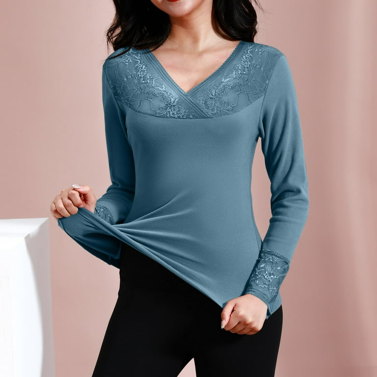 JDEFEG Thermal Underwear Women's Thermal Shirts Long Sleeve New Lace V Neck  Thermal Underwear Autumn and Winter Slim Fit Plush Bottomed Shirt Polyester  Green Xxl 
