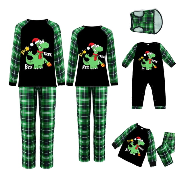 Pijamas familiares navideños a juego, camiseta de manga larga con estampado de dinosaurios de dibujos animados y pantalones a cuadros. Ropa de dormir y estar por casa.