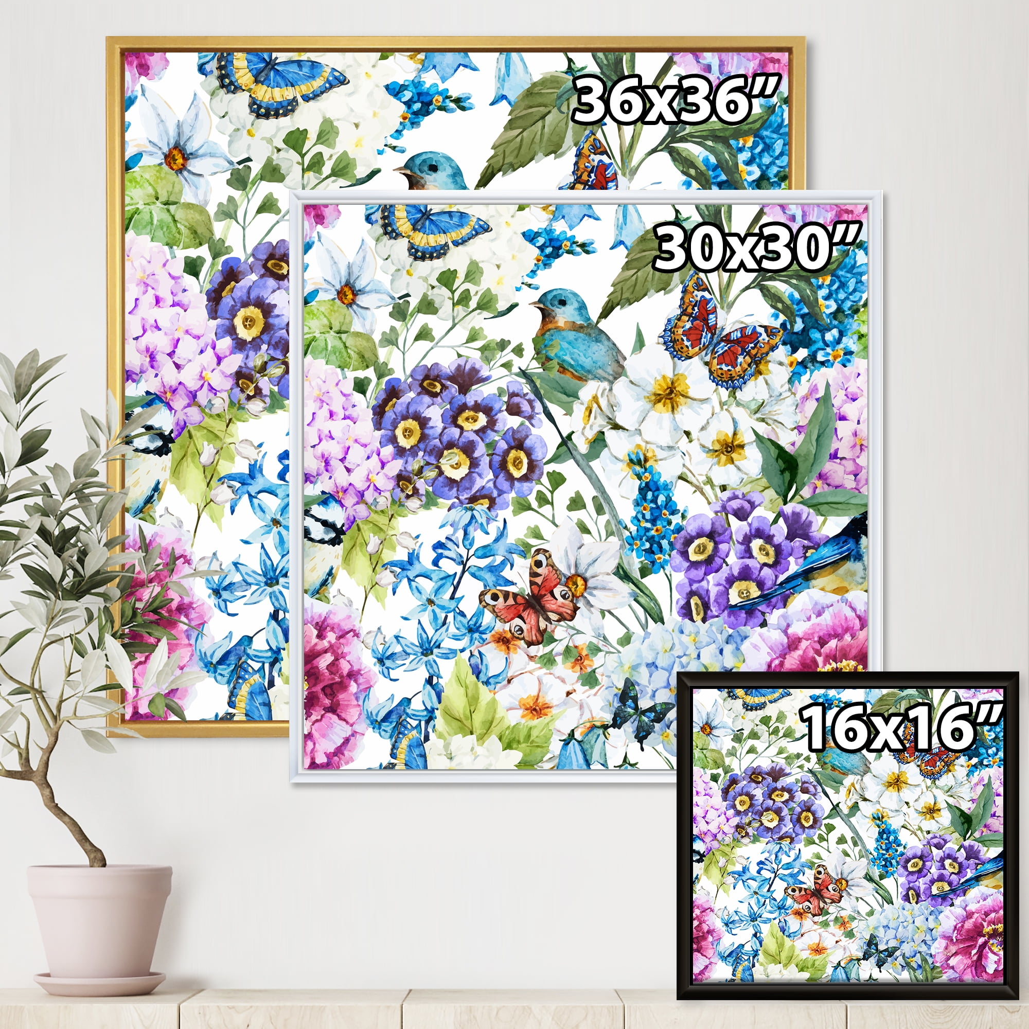 Wildflowers and Vibrant Wild Spring Leaves XII 30 in x 30 in Framed Painting Canvas Art Print, by Designart