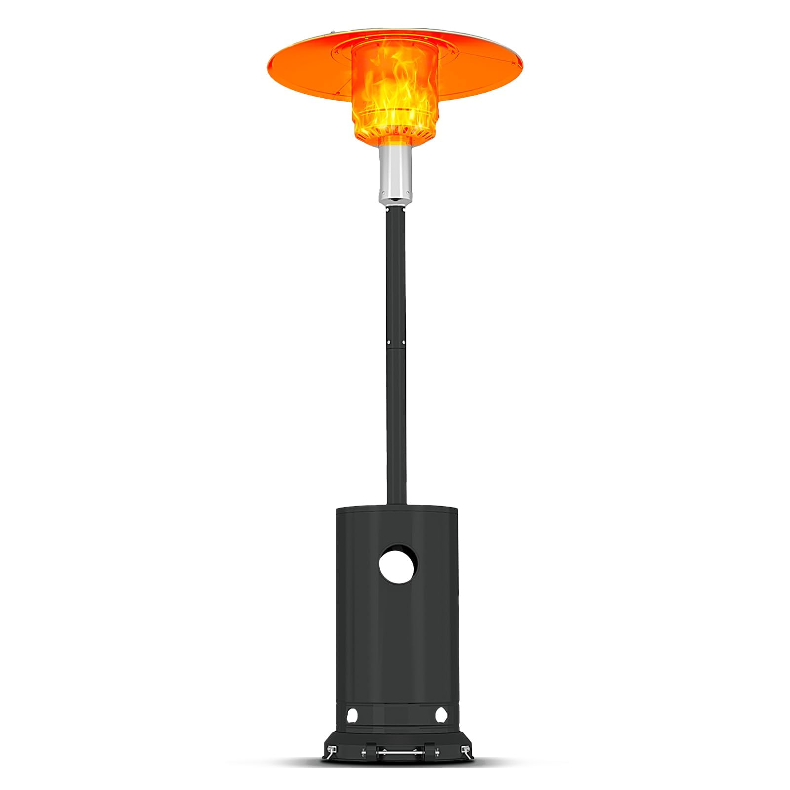 48,000 BTU Propane Patio Heater, Outdoor Standing Heater with Wheels, Stainless Steel Heat Source, Auto Tip-Over Shutoff and Reliable Ignition, Flat-Top Tank Housing, Round Table Design