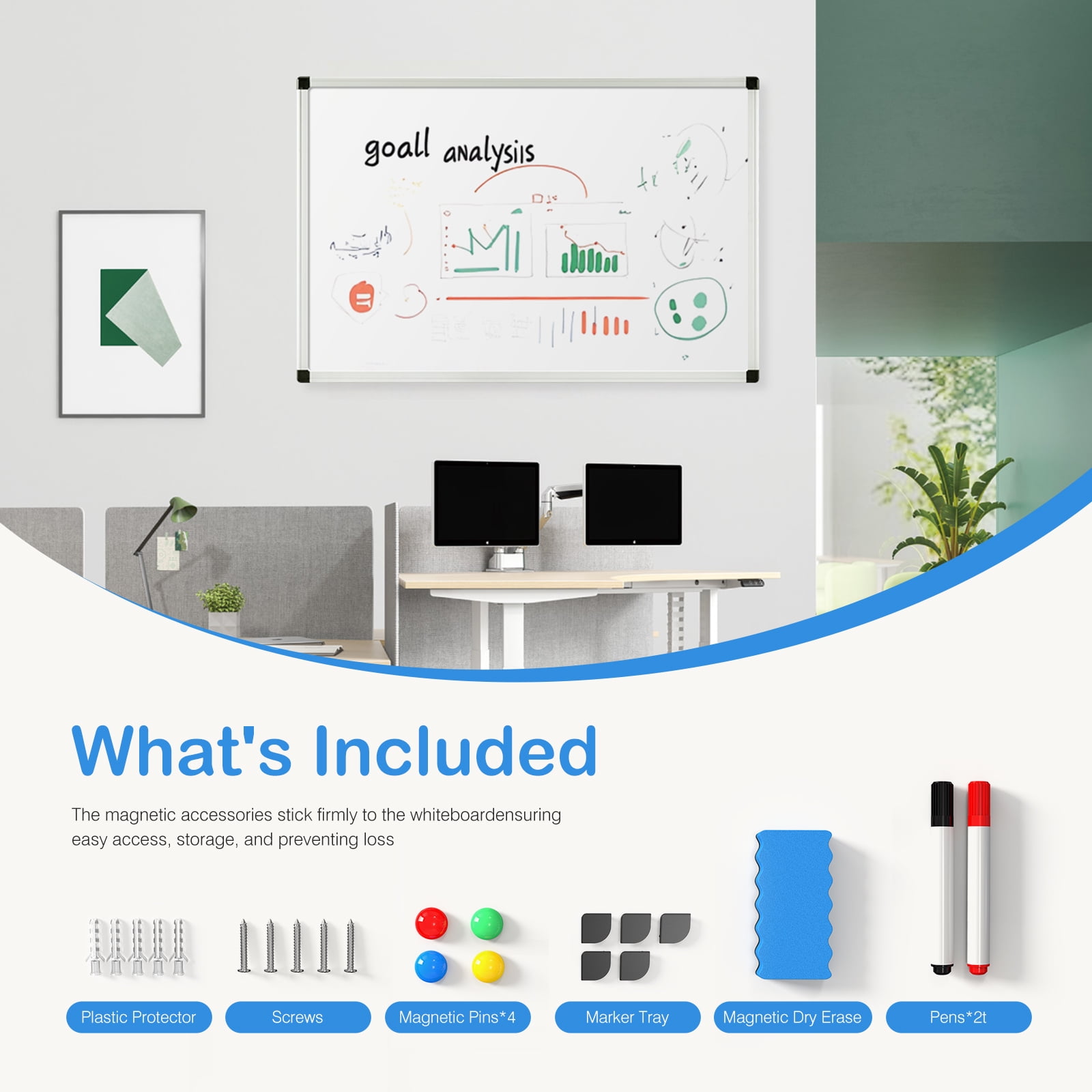 Gianna 2 Pack 36 X 24 Inches Magnetic Dry Erase Board with Aluminum Frame, Whiteboard for Home School