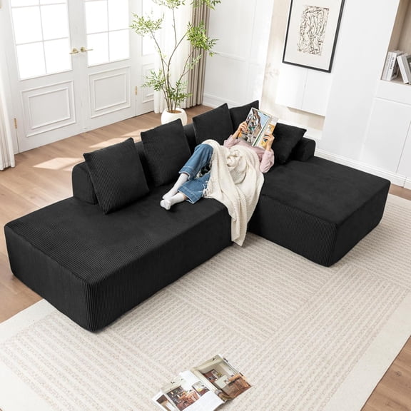 108 '' W Boneless Couch with L-Shape Chaise,No Assembly Required, Upholstery Corduroy Cloud Couch with Deep Seats and 5 Pillows Back, Free Combination (Black)