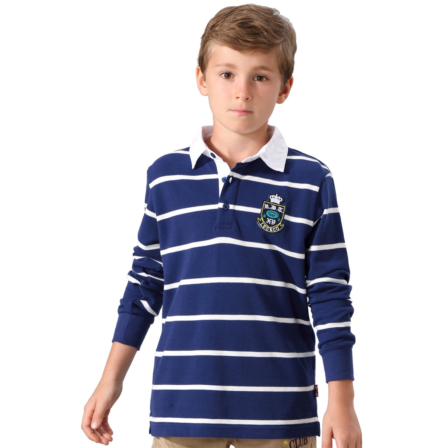 LEO&LILY Boys Casual Polo Shirts Blue Gingham Collars