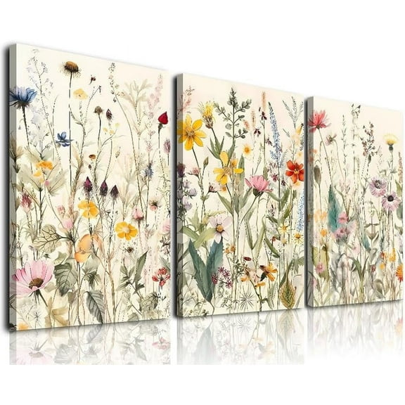 Minimalist Flower Floral Wall Art Farmhouse Decor, Boho Style Wall Decor Watercolor Wildflower Paintings, Modern Colorful Botanical Flower Art Print for Bathroom, Bedroom, Gallery,(12x16xInch x3)