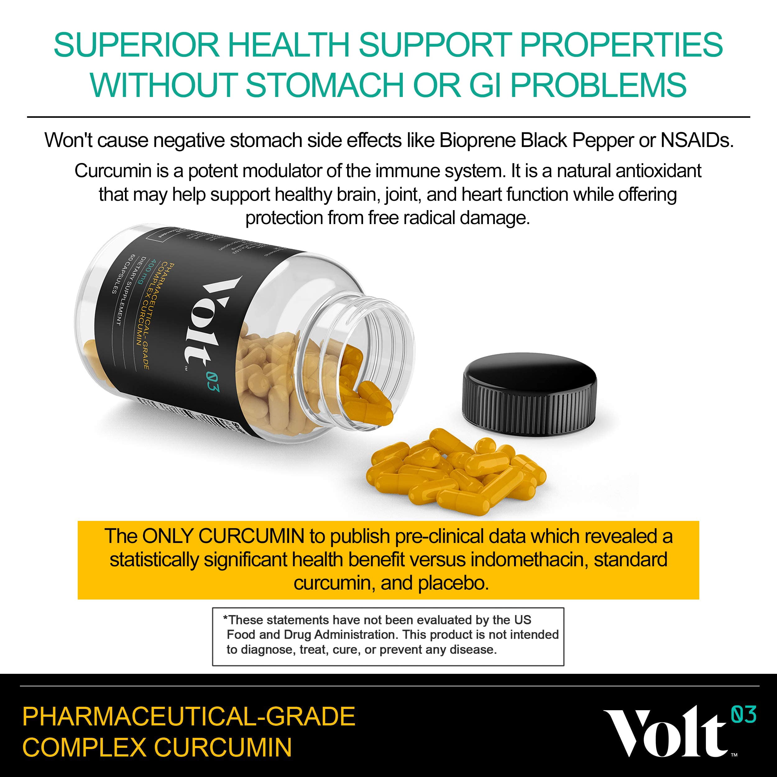 Volt03 Pharmaceutical-Grade Turmeric Curcumin Capsules | Turmeric Capsules and Curcumin Supplements for Immune Support | Natural Joint Support Turmeric Herbal Supplements 400 mg