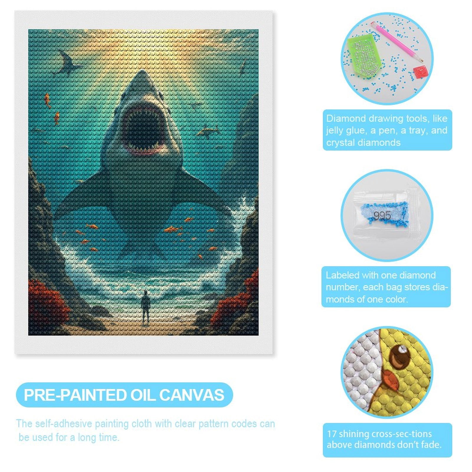 Diamond Art Kits for Adults, Giant Shark Ocean Encounter Fantasy 5D Diamond Painting Kits for Adults Beginners, DIY Full Drill Diamond Painting, Gem Art and Crafts 12x16