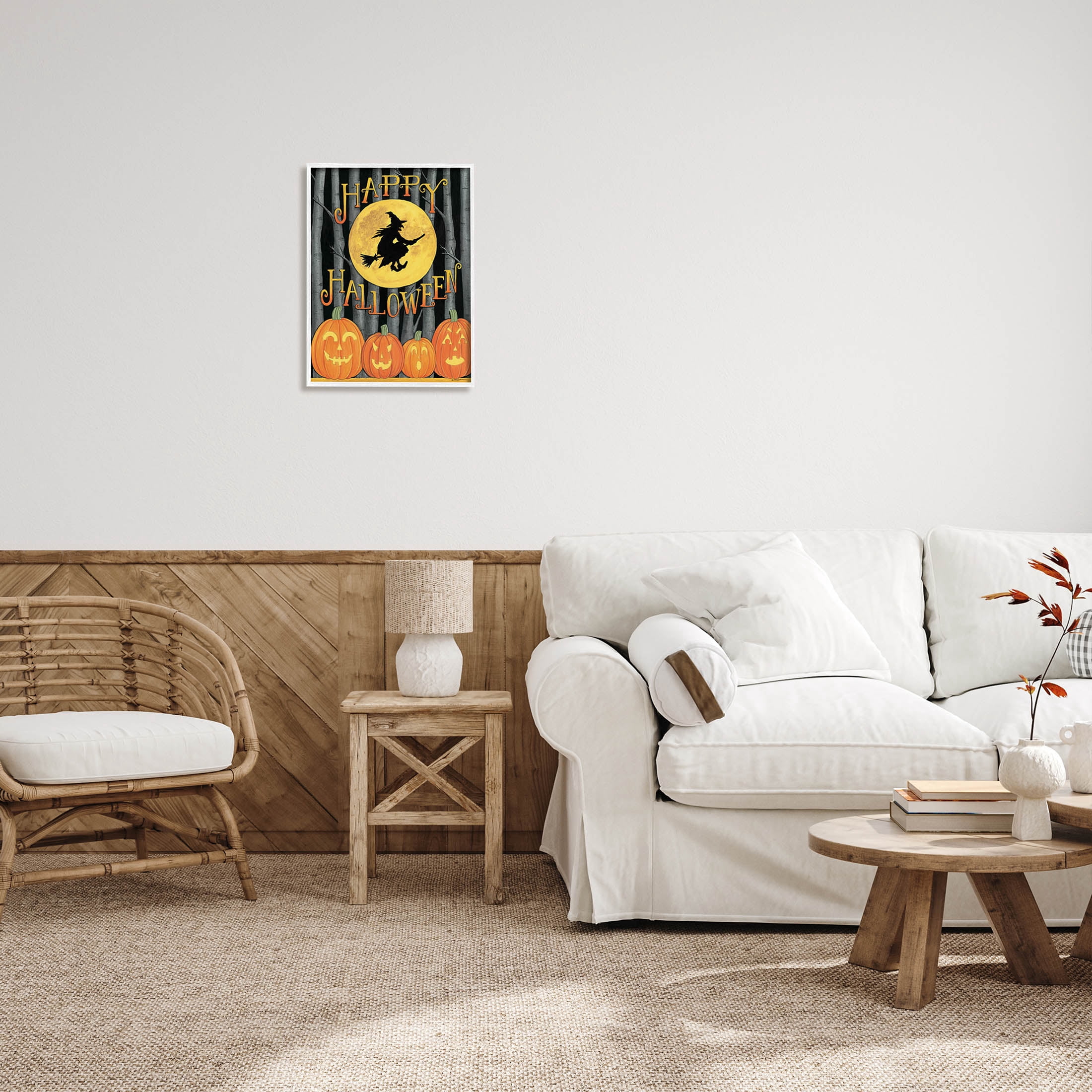 Happy Halloween Forest Witch Holiday Graphic Art White Framed Art Print Wall Art