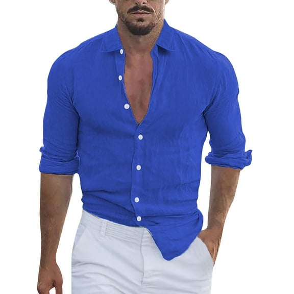 JTieacloth Casual Button Down Shirts Male Summer Solid Casual Plus Size Shirt Mens Turn Down Collar Long Sleeve Shirt Blue