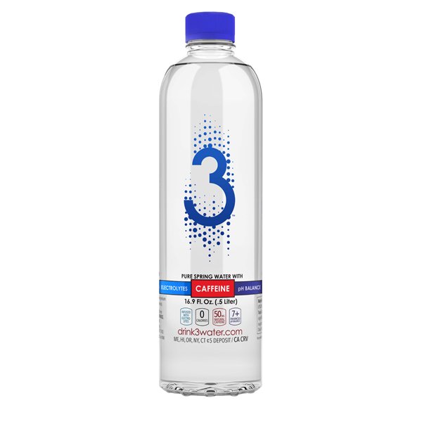 3 Water Caffeine, Electrolytes, High PH 16.9 oz Bottles Pack of 24