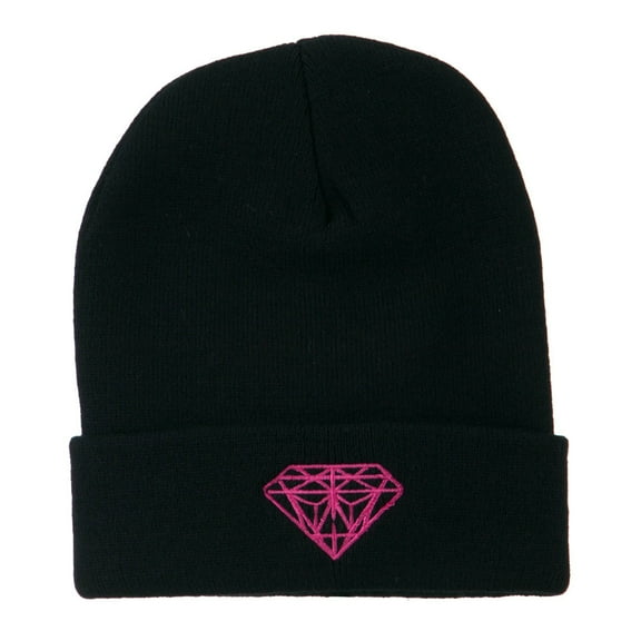 Hot Pink Diamond Embroidered Long Cuff Beanie - Navy OSFM