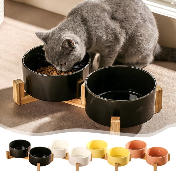 Comedero y cuenco de agua elevado de cerámica doble para gatos y perros pequeños para proteger