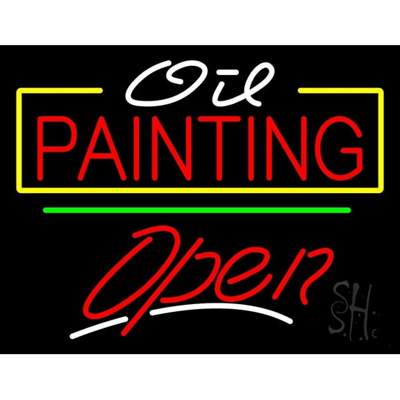 Oil Painting Green Line Open LED Neon Sign 15 x 19 - inches, Black Square Cut Acrylic Backing, with Dimmer - Bright and Premium built indoor LED Neon Sign for art gallery, and exhibition.