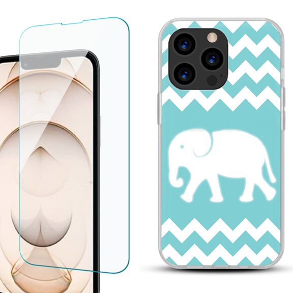 Slim-Fit Anti-Scratch Gel TPU Phone Case for iPhone 13 Pro, with Tempered Glass Screen Protector, by OneToughShield ® - Chevron/Elephant