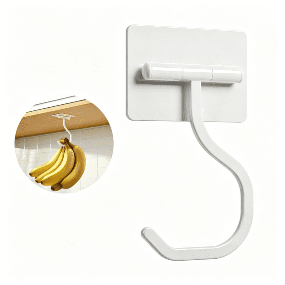 ZHZFKQ Banana Hook under Cabinet White-Adhesive Banana Hanger under Counter,Metal Banana Holder Stand for Hanging Bananas Or Kitchen Utensil,Keeps Bananas Fresh,1 Pack