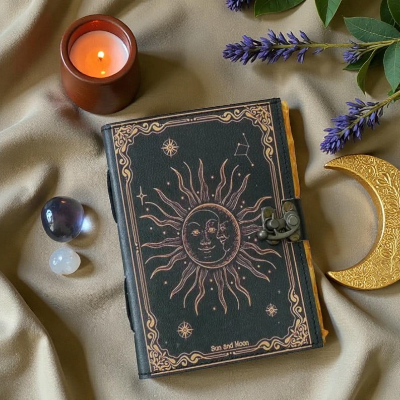 Handmade Leather Journal 5x7 Inch – Sun & Moon Embossed Notebook, 200 Deckle Pages, Vintage Writing Diary, Handmade Paper, Gift for Men & Women