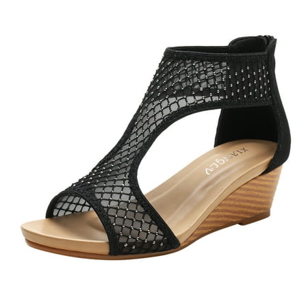 

ZIZOCWA Sandals Women Cork Sandals for Women Fashion Spring Summer Women Sandals Medium Heel Wedge Solid Mesh Breathable And Comfortable Back Strap Sl 9