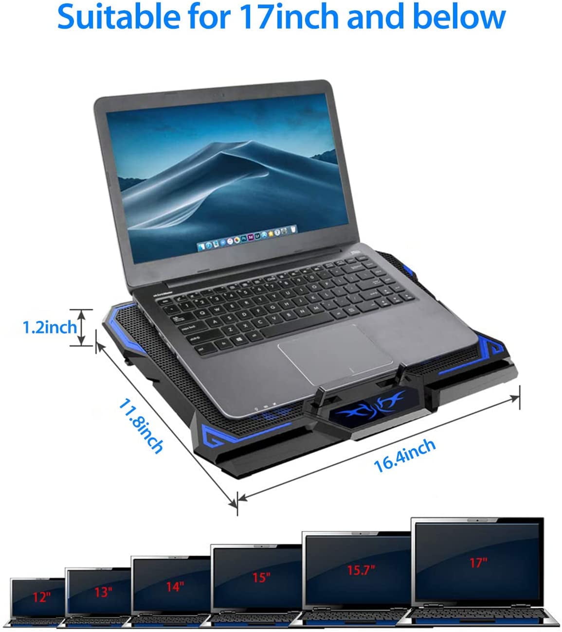 COOLCOLD 15.6"-17.3" Laptop Cooling Pad with 6 Quiet Fans 2 USB Port- Laptop Cooler for Notebook Gaming Fan Stable Stand - Portable Ultra Slim Laptop Cooling Pad - Switch Control Fan Speed Function
