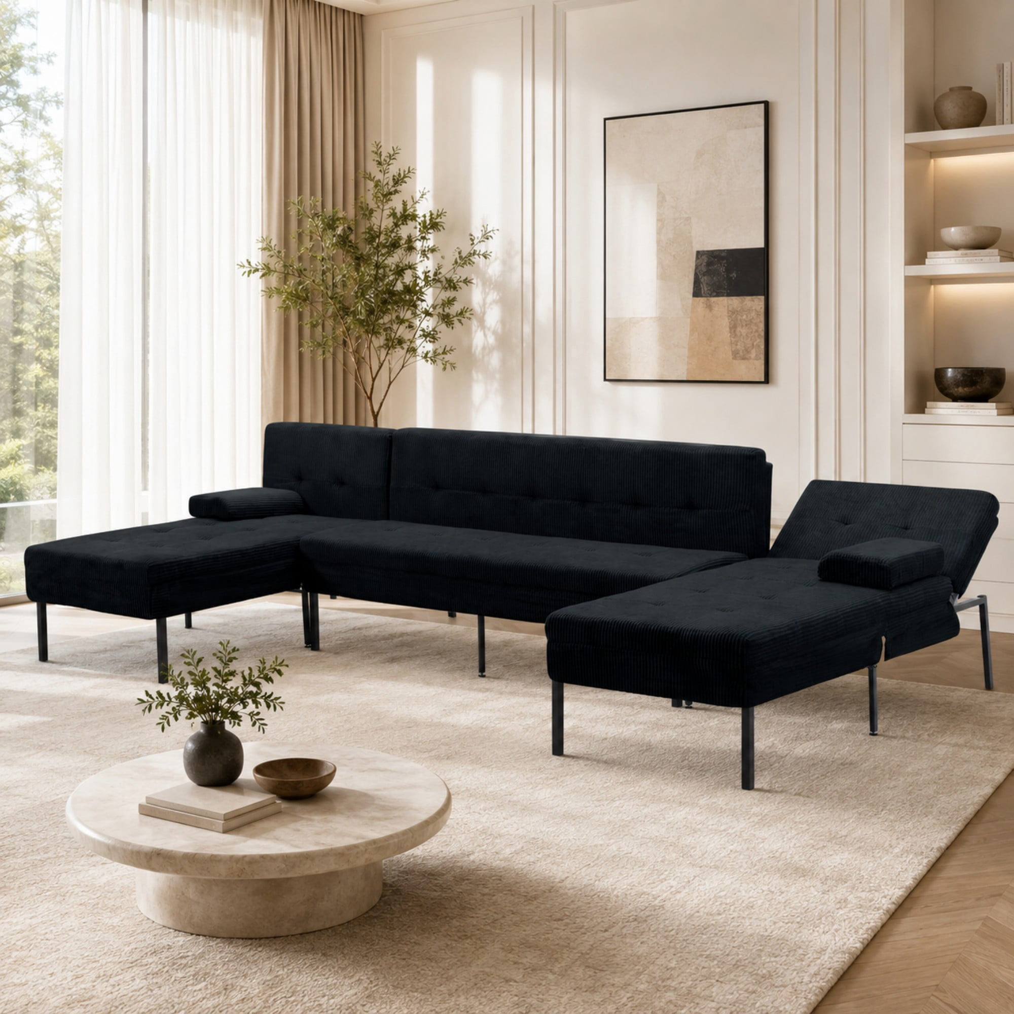 BSHTI 117.13" Soft Corduroy U-Shaped Sectional Sofa Bed with 5-Position Backrest, Comfy Couch for Living Room（Black）