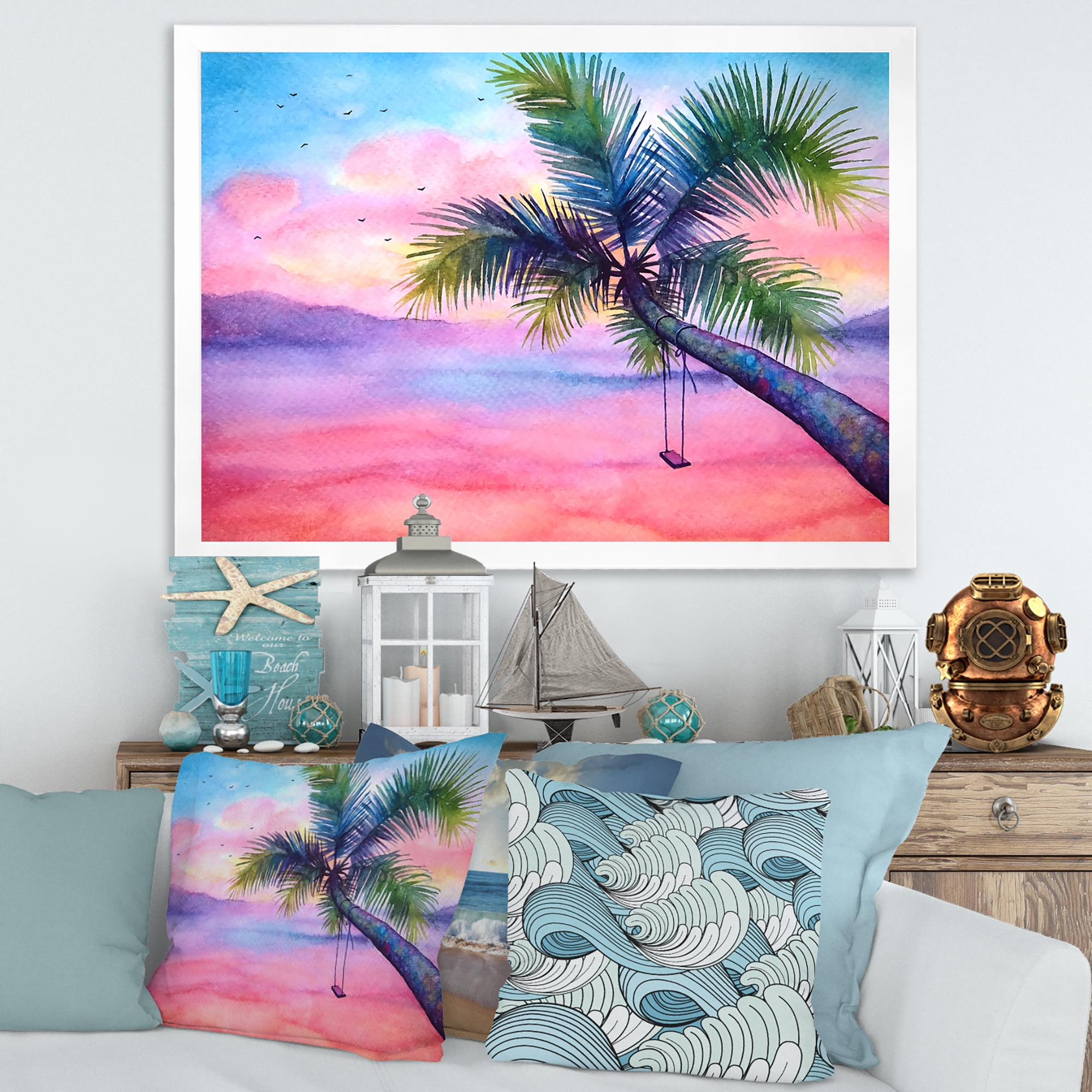 Designart 'Vivid Sunset Landscape With Swing and Palm' Nautical & Coastal Framed Art Print