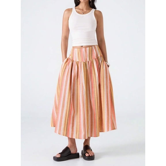 Multicolor Striped Tiered Midi Skirt For Women, Casual Flowing A-Line Skirt With Elastic Waist