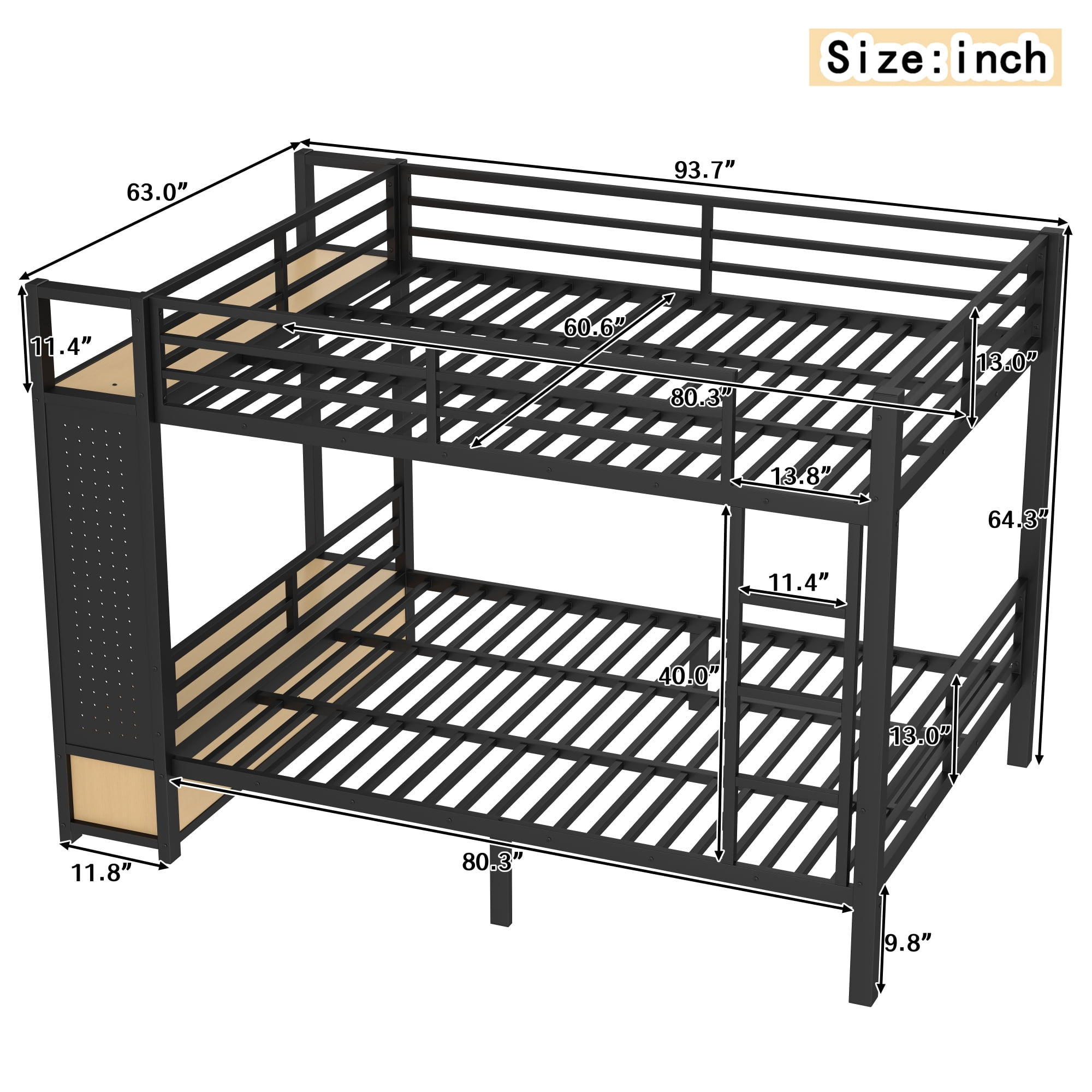 Leumius Queen over Queen Metal Bunk Bed with Built-in Wardrobe,Heavy Duty Loft Bed Frame with Storage Shelves,Drawers and Pegboard,Space-Saving,Black