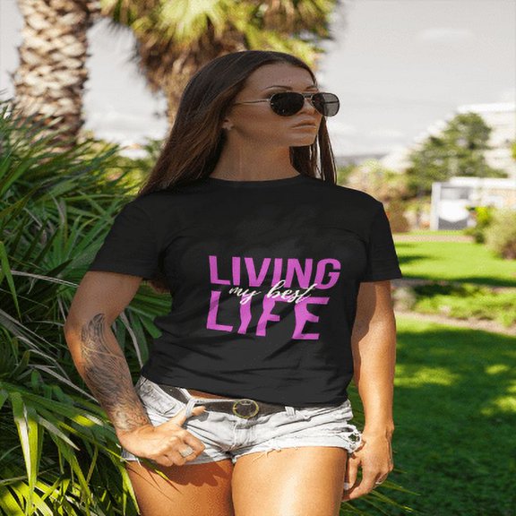 Morning Momie Living My Best Life Womens' Black Crew Neck Short Sleeve Tee