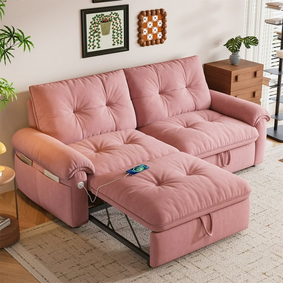 Hommoo 70" Convertible 2-in-1 Pull Out Couch Bed, Multi-Functional Velvet Loveseat Sleeper Sofa Bed, Pink
