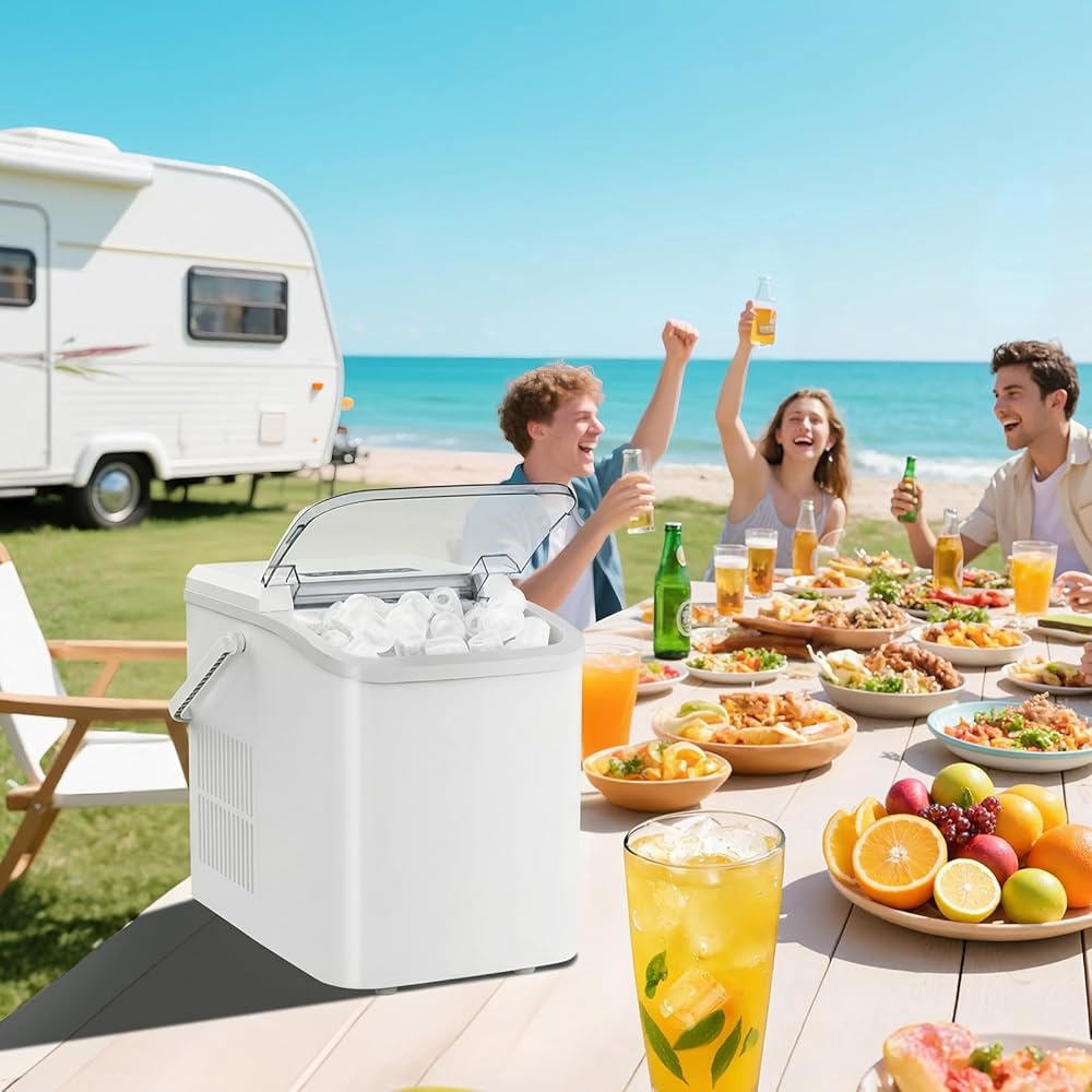 Countertop Ice Maker Portable Machine with Self-Cleaning, 26lbs/24hr, 2 Ice Sizes, Basket & Scoop, Compact Design with Handle for Kitchen, Office, Camping, White