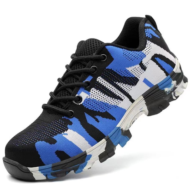 Qarigey 2 uds zapatos de seguridad de goma para hombre-punta de acero transpirable y duradero trabajo antideslizante y antiabrasión camuflaje Calzado camuflaje azul 44.1