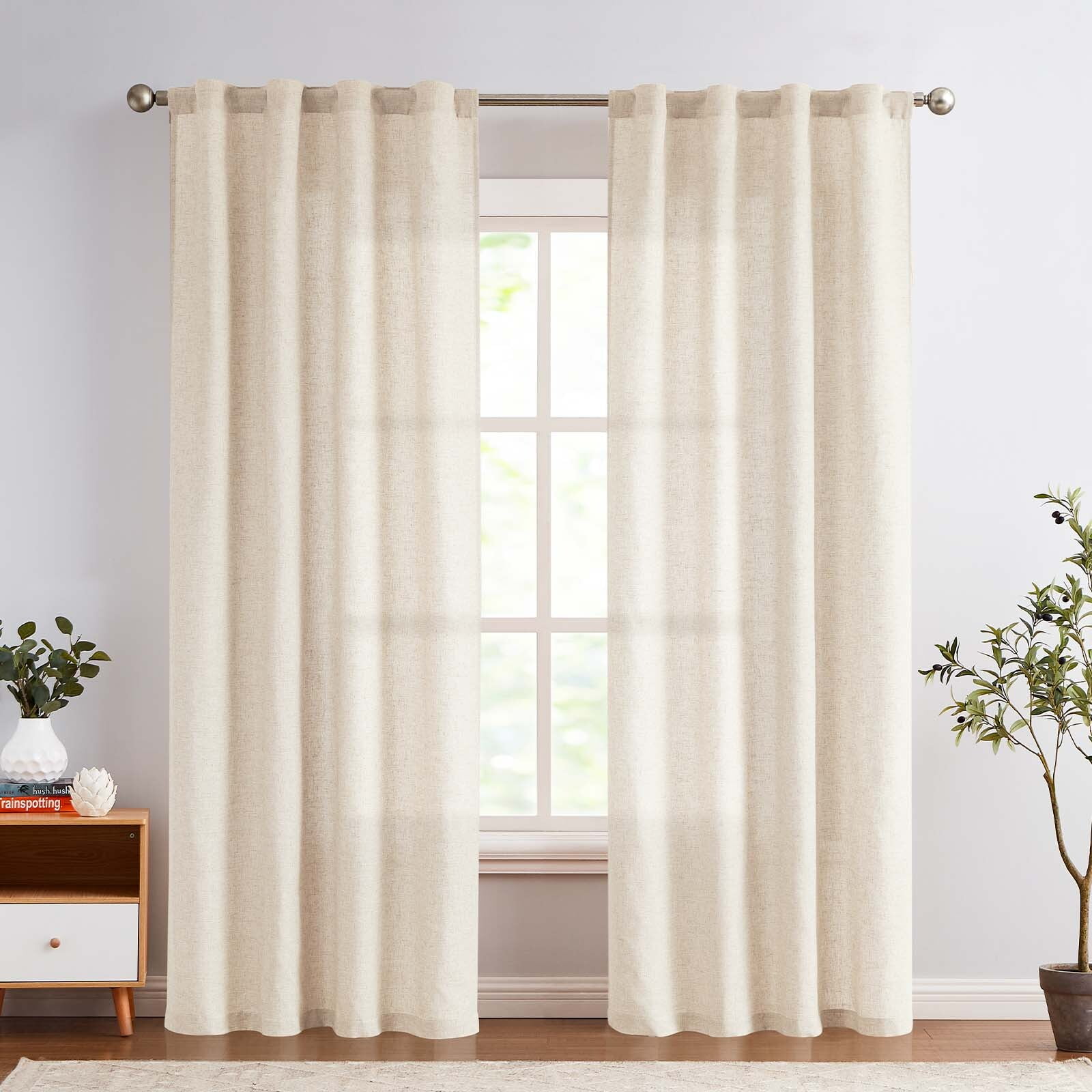 Curtainking Linen Curtains 84 Inch Length for Living Room Farmhouse Rod Pocket Back Tab Light Filtering Window Drapes for Bedroom Curtains Crude 2 Panels Biege