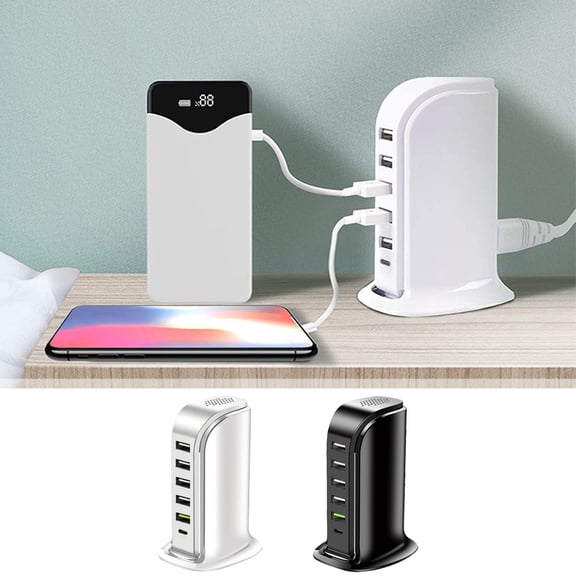 USB Charging Station for Multiple Devices, 5 USB Ports 1 Type C Multiport Charger Tower, Compatible with Smartphones, Tablets and Other USB Devices