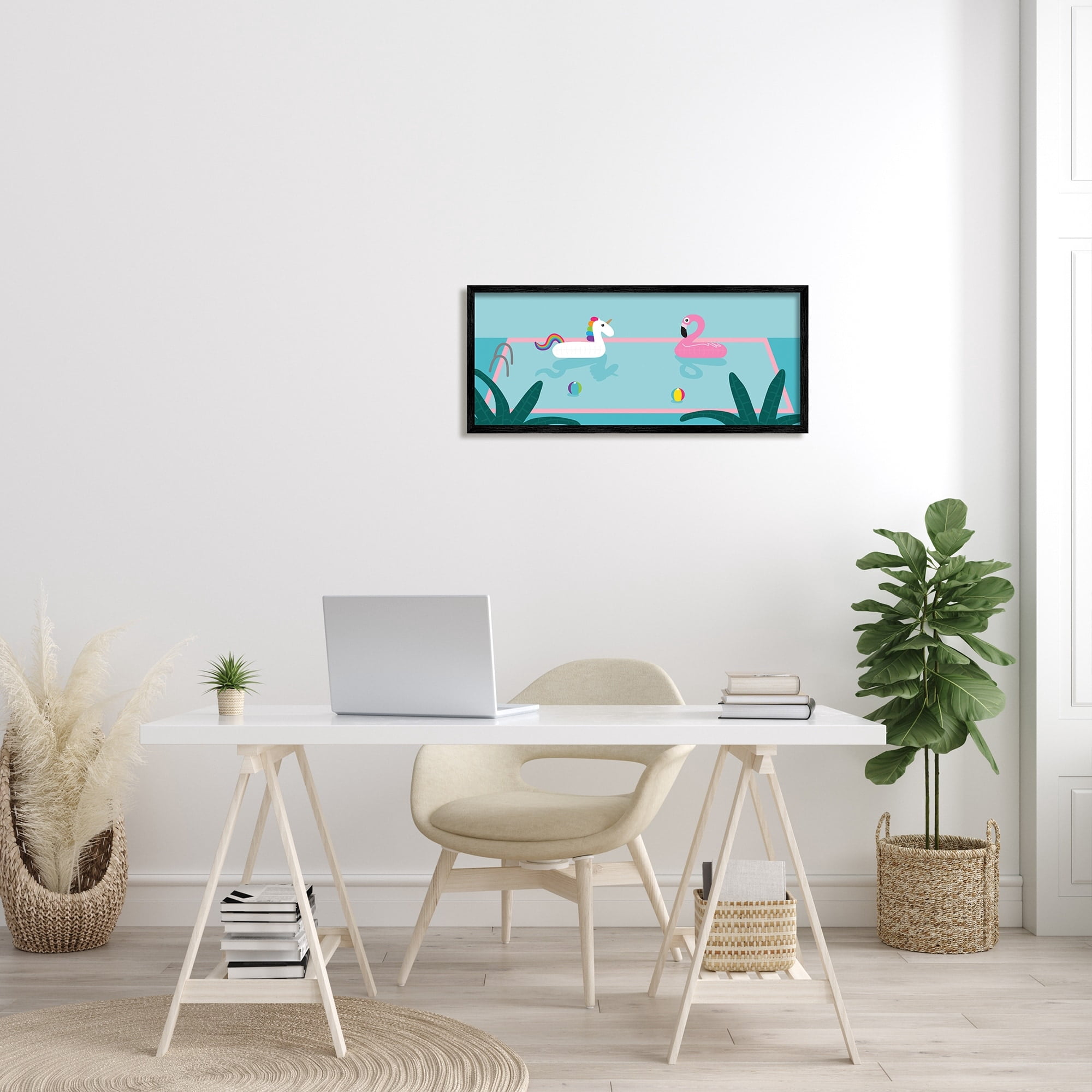 Stupell Industries Unicorn Flamingo Tropical Pool Water Floats Novelty Painting Black Framed Art Print Wall Art, 13 x 30, Design by Make Much Studios