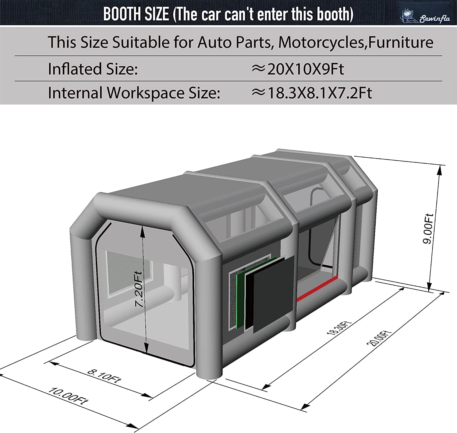 Sewinfla Indoor Inflatable Paint Booth with Air Draft Device 20x10x8Ft with Blowers
