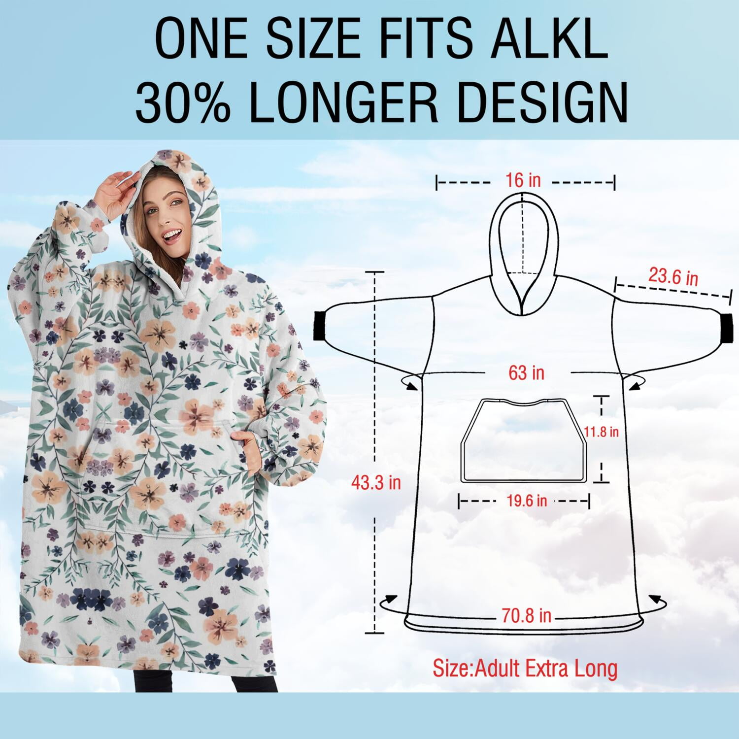 Oversized Wearable Blanket Hoodie,Light Pioneer Flower Pattern Sherpa Blanket Hoodie with Super Pockets,Super Warm Fuzzy Pullover for Women & Men
