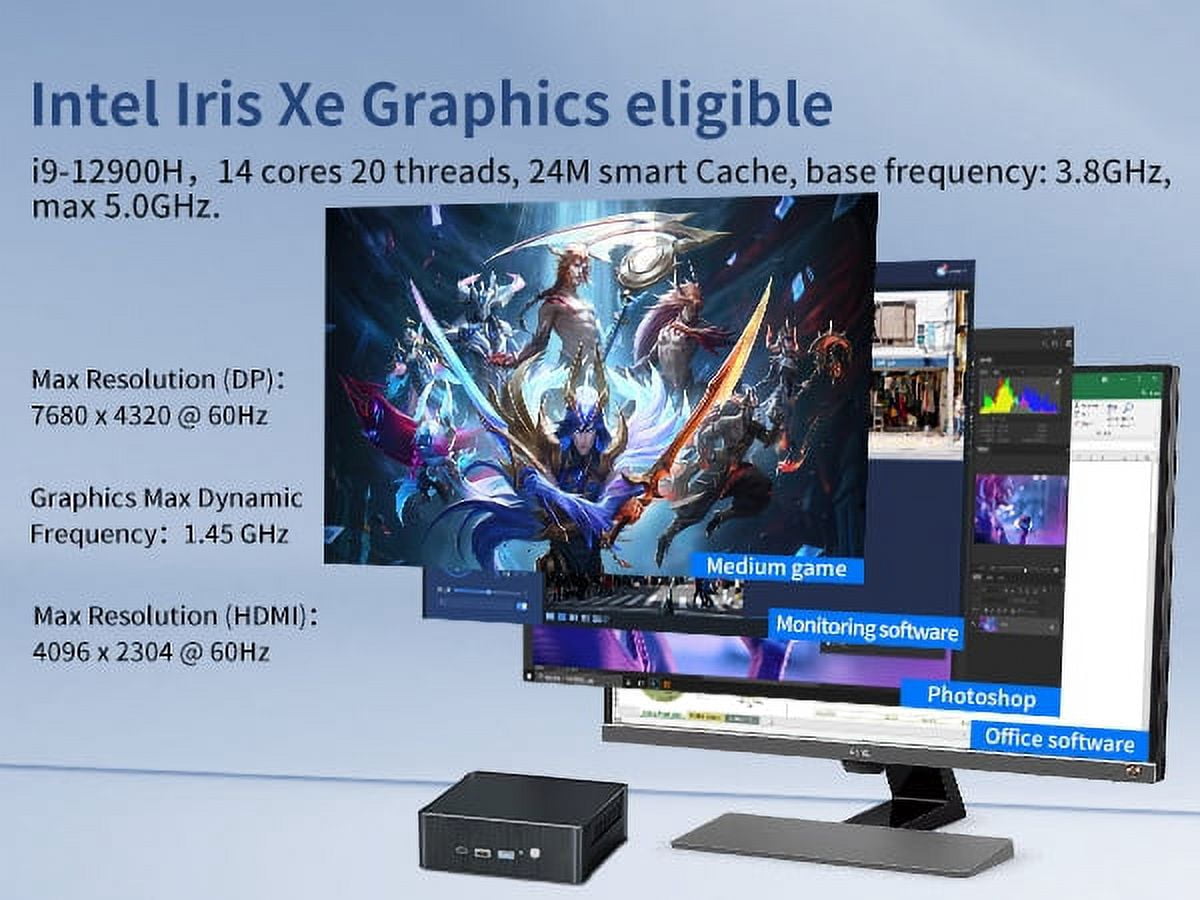 Kinupute Mini PC i9, Desktop Computer with Core i9-12900H 3.8-5.0GHz, Windows 11 Pro, 64G DDR4, 2T M.2 PCIE4.0 SSD, DP/HDMI/USB-C Port, 8K@60Hz, Dual LAN, 1x2.5G RJ45 LAN, WiFi6E/BT5.3, USB3.2, VESA