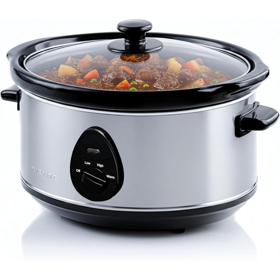 OVENTE Electric Slow Cooker with 3 Cooking Settings, Non-Stick and Dishwasher Safe Stoneware, Stainless Steel Body, Glass Lid 3.7 Qt Oval Pot for Entrees, Soups, Sauces, Stews & Dips, Silver SLO35ABR