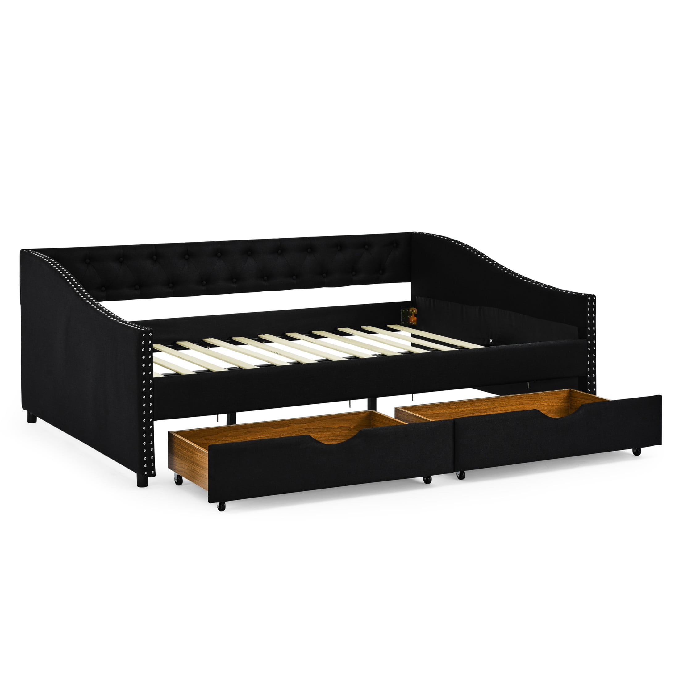 Noble House Brixo Full Size Daybed with Drawers, Linen Upholstered Tufted Sofa Bed with Nailhead Waved Arms, Black