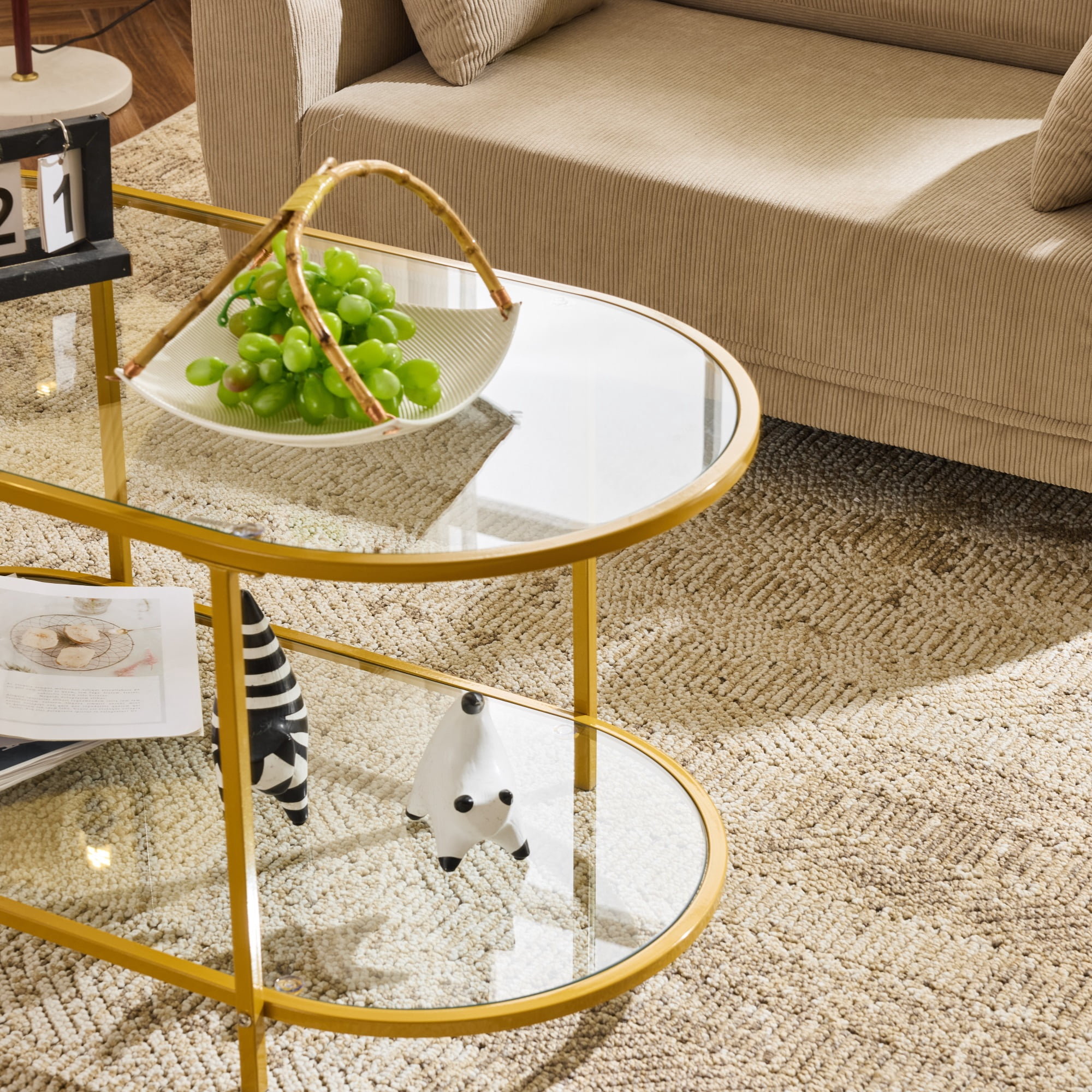 Ktaxon Rustic Coffee Table, Transparent Glass 2-Tier Oval Vintage Minimalist Design Center Table Rust Resistant Narrow Table for Living Room, Gold