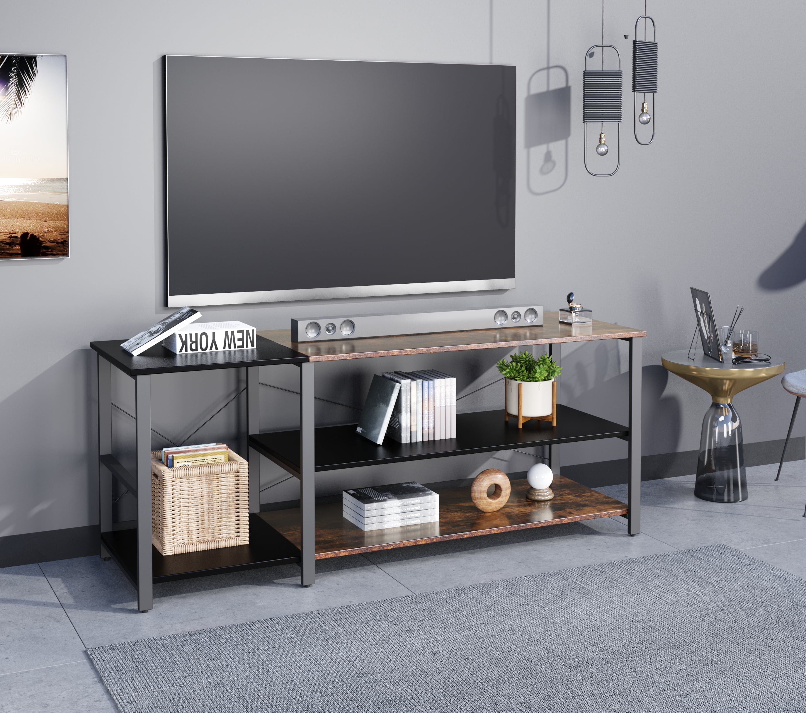 Veryke Lengthened TV Cabinet, Coffee Table with Metal Frame - Rustic Brown and Black